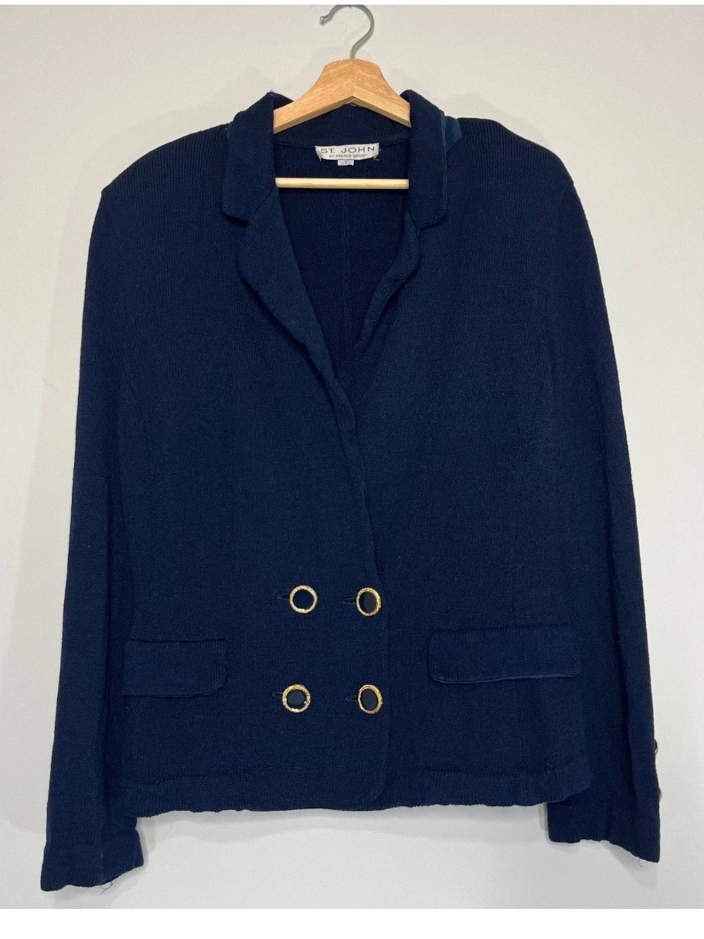 St. John Blazer Women 12 Flaw Blue Double Breasted Gold Button Old Money Santana
